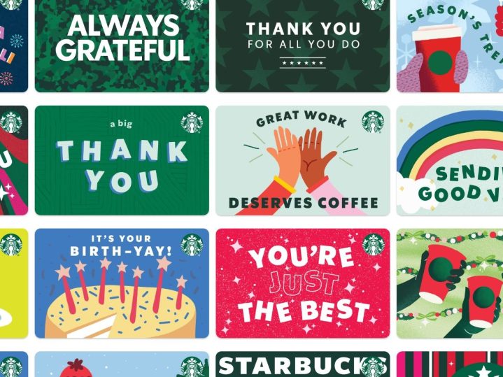 An array of Starbucks gift cards.