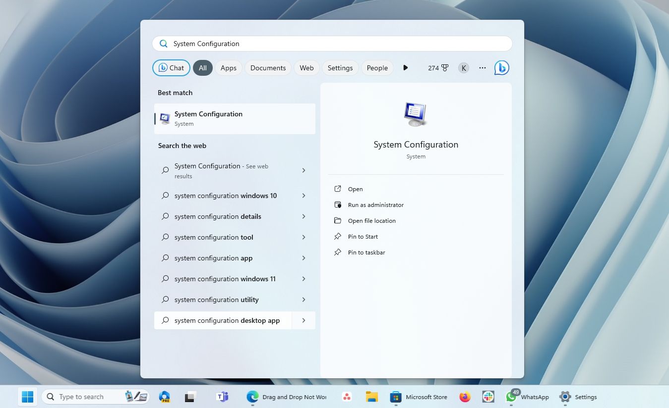 Typing System Configuration in the Start menu search bar