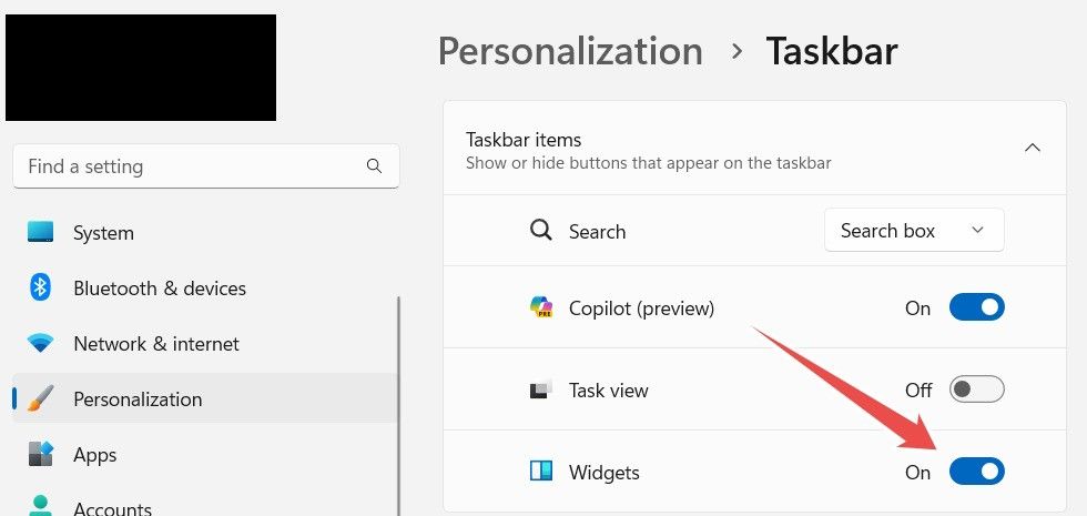 The Widgets toggle in Windows 11's settings