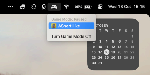 Menu bar option to toggle Game Mode on or off in apps on macOS 14 Sonoma.