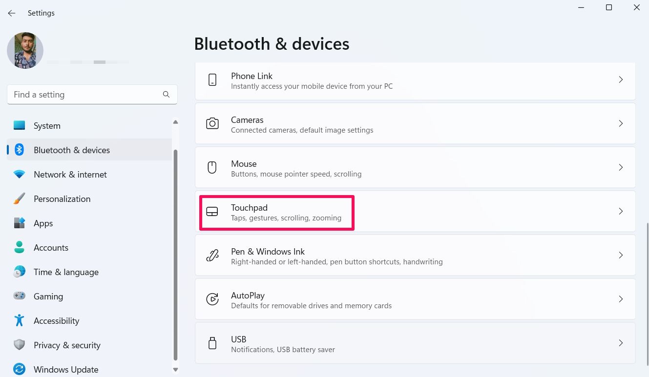 Touchpad option in the Settings app