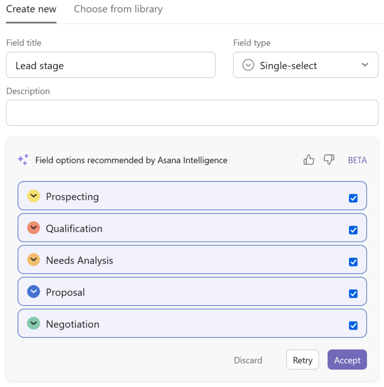 Asana's current AI features.