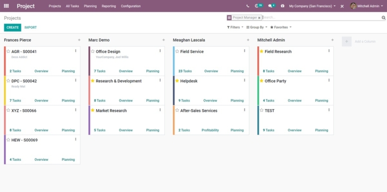 Odoo project management interface.