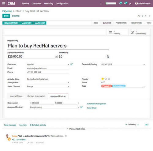 Odoo CRM view.