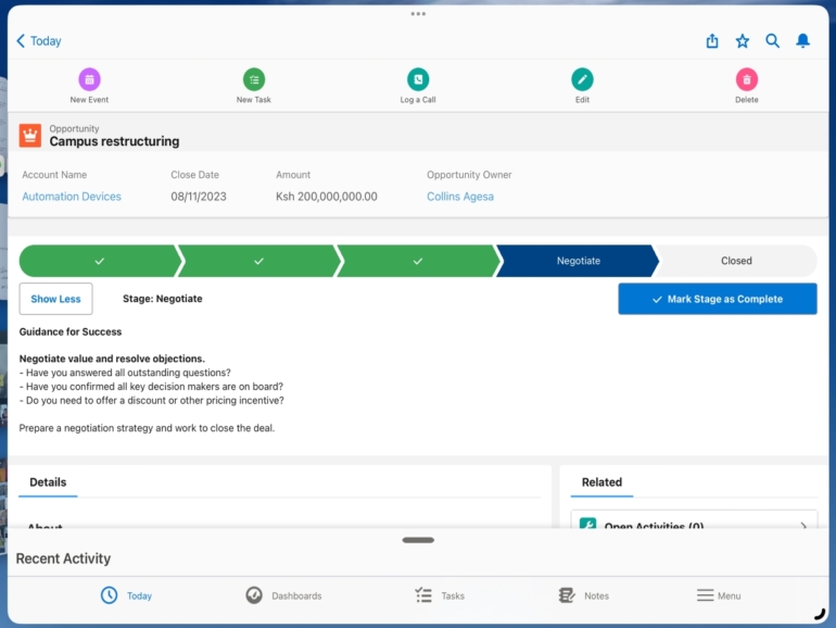 Opportunity management dashboard on iPadOS.