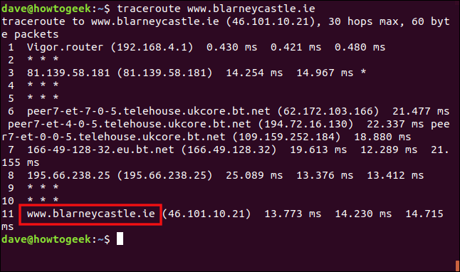 The output of traceroute used on blarneycastle.ie