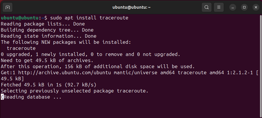 Installing traceroute on Ubuntu, or any Debian-based distro. 