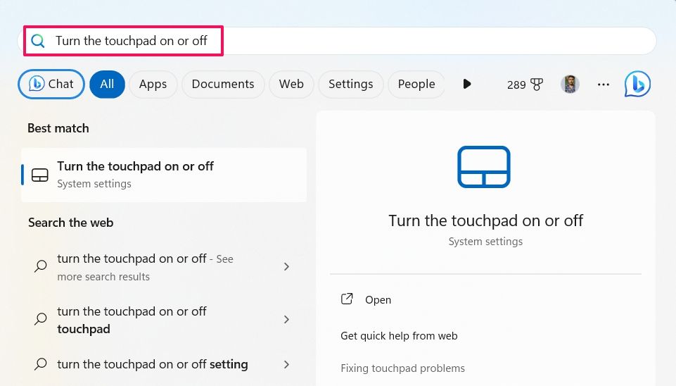 Typing Turn the touchpad on or off in Start menu search field