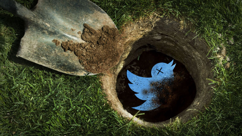 Illustration of a shovel being used to bury the Twitter logo