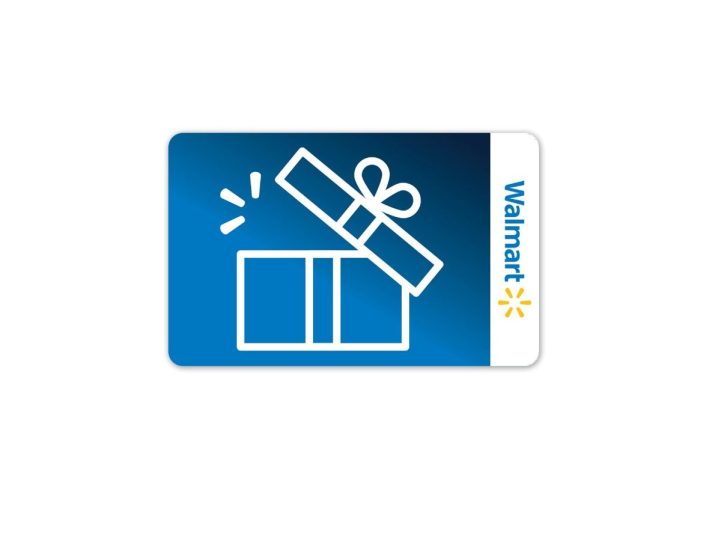 A blue Walmart gift card with a line drawing of an opened present on the front.