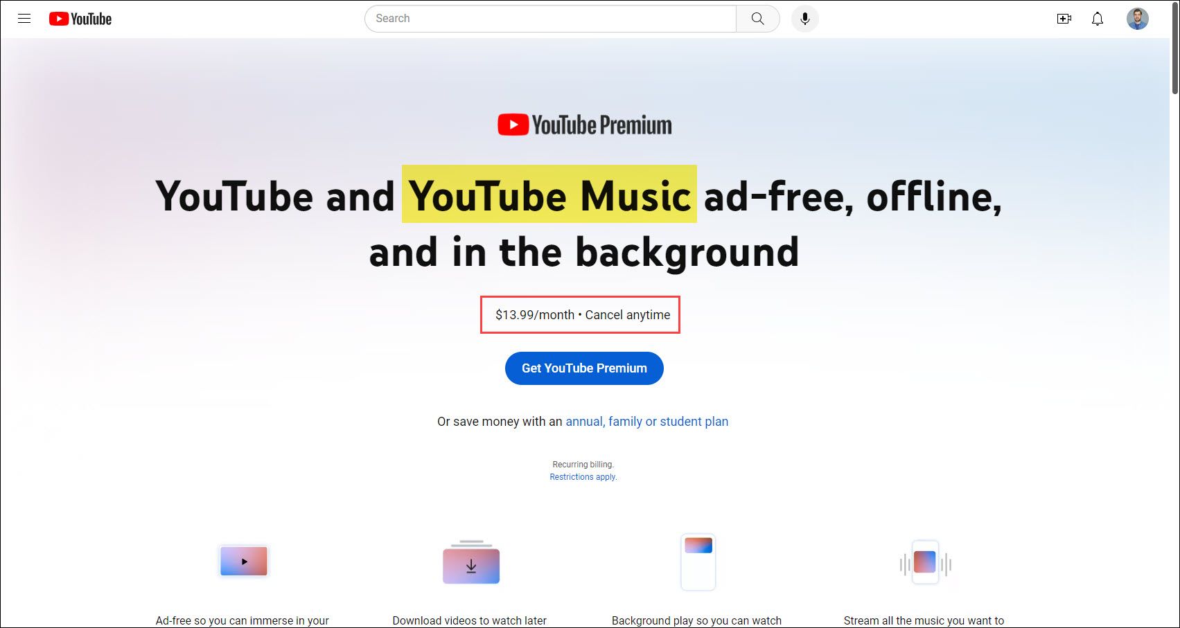 YouTube Premium sign-up page.