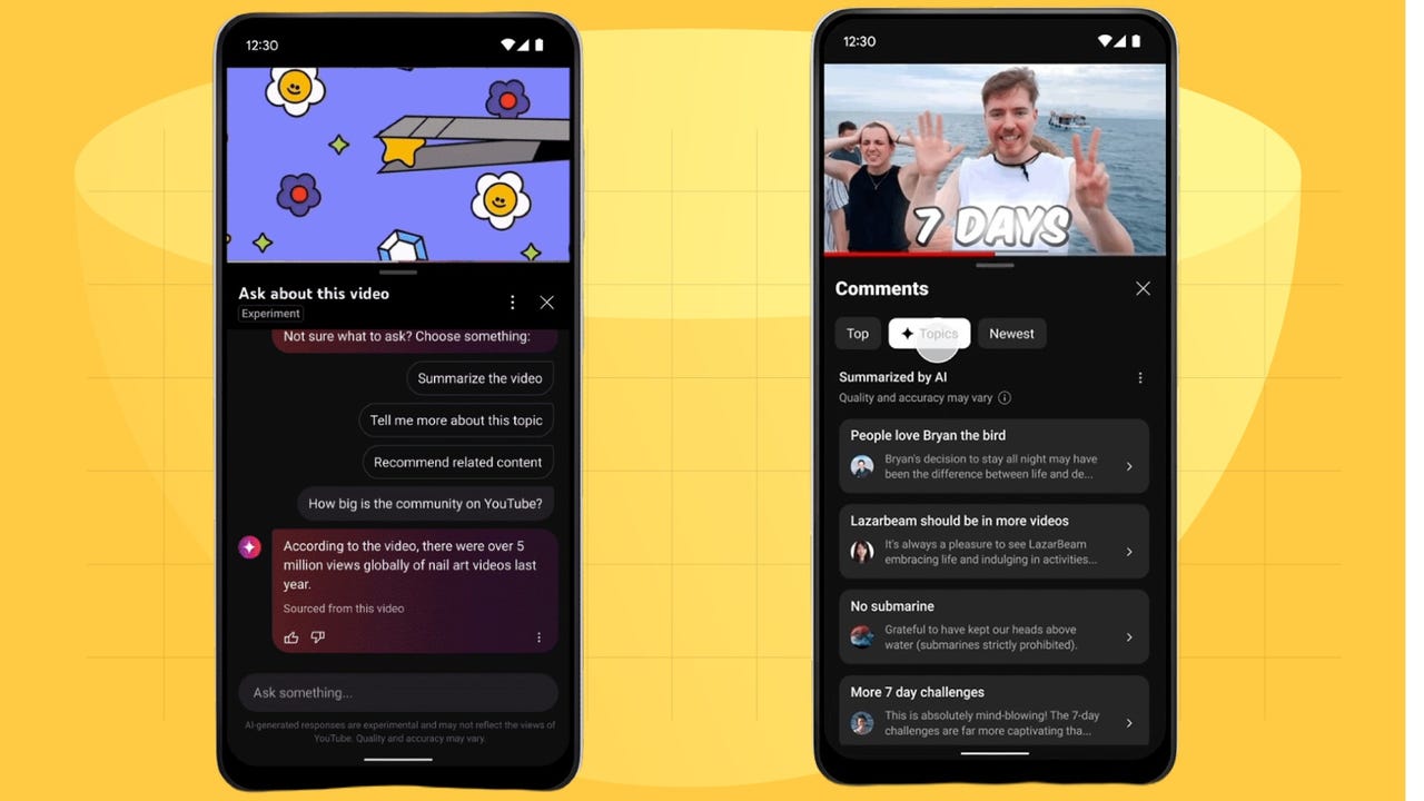 Screenshots of YouTube's new AI-powered comments tools