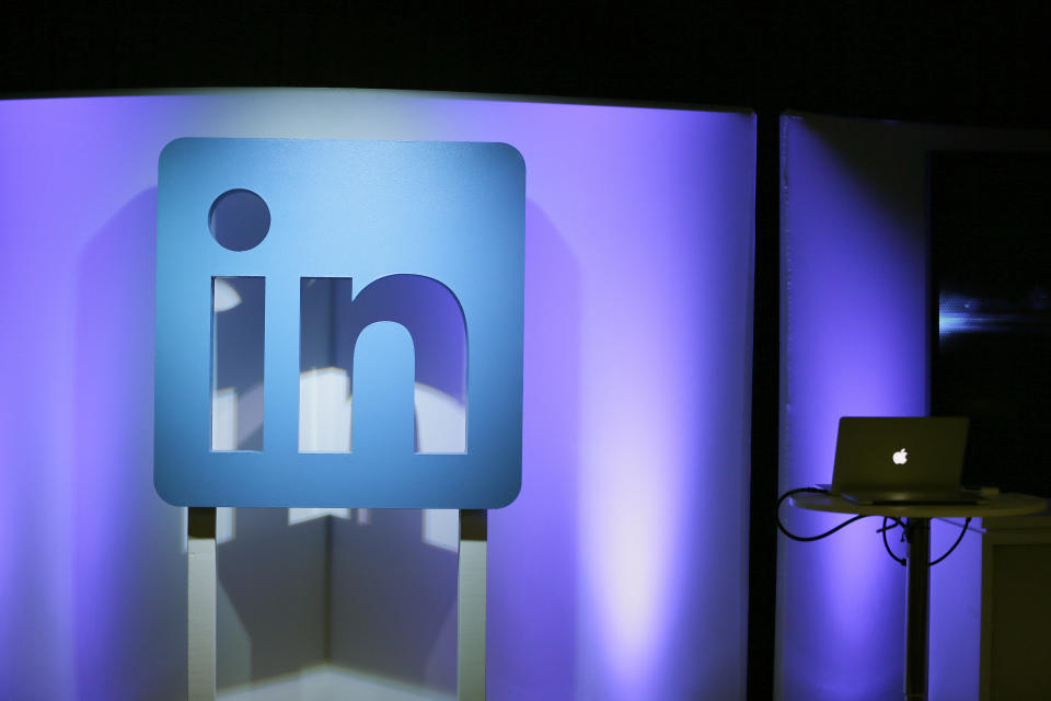 FILE - In this Thursday, Sept. 22, 2016, file photo, the LinkedIn logo is displayed during a product announcement in San Francisco. On Monday, Aug. 14, 2017, a federal judge ordered LinkedIn to stop blocking startup firm hiQ Labs, Inc. from scraping LinkedIn personal profiles for data. (AP Photo/Eric Risberg, File)