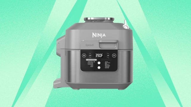 The 6-quart Ninja 12-in-1 Speedi rapid cooker and air fryer is displayed against a mint background.