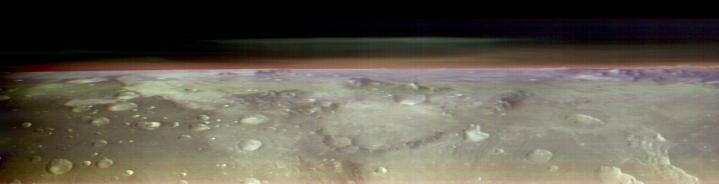 This unusual view of the horizon of Mars was captured by NASA’s Odyssey orbiter using its THEMIS camera, in an operation that took engineers three months to plan. It’s taken from about 250 miles above the Martian surface – about the same altitude at which the International Space Station orbits Earth.