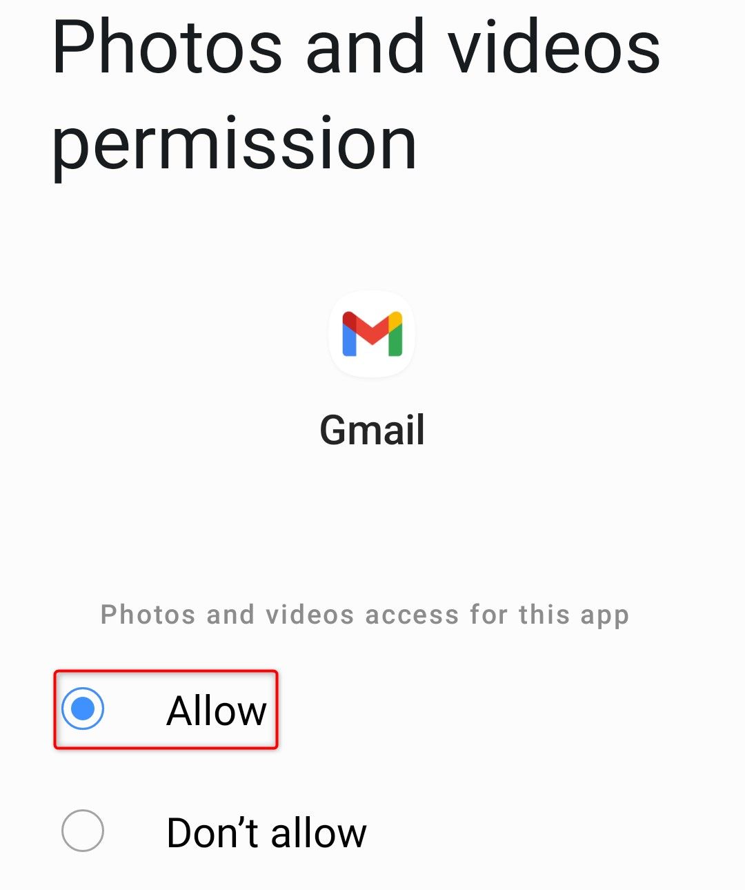 'Allow' highlighted for storage permission for Gmail on Android.