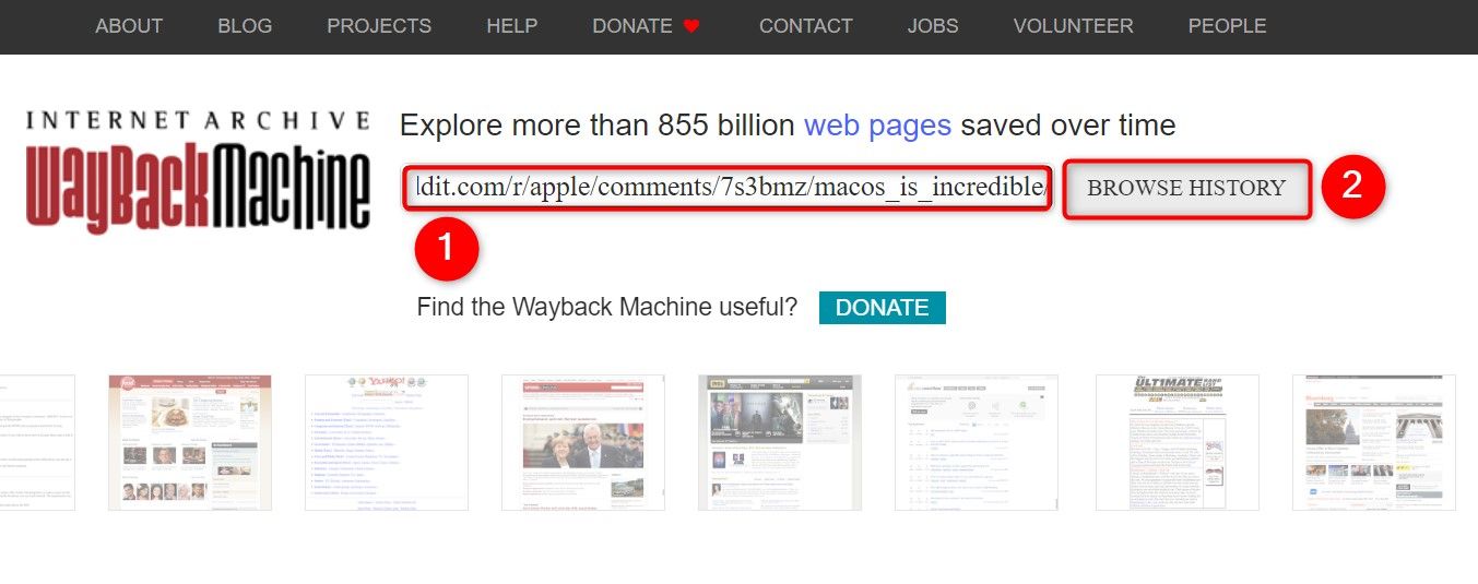 URL field and 'Browse History' highlighted on the Wayback Machine site.