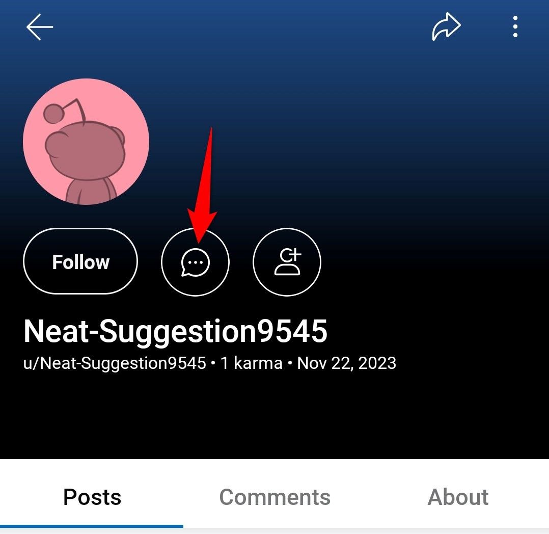Speech bubble icon highlighted on a user's profile page in Reddit for mobile.