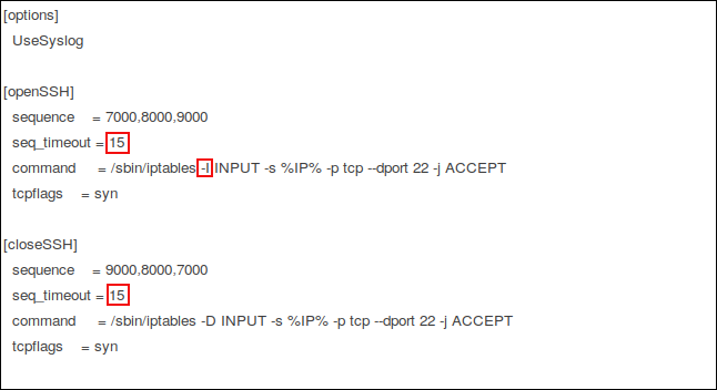 The knockd config file in the gedit editor with the edits highlighted