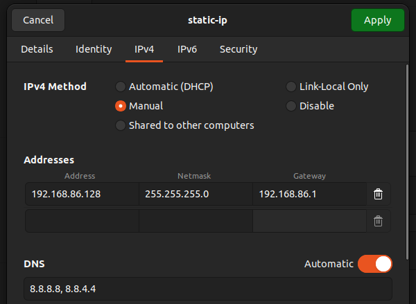 The IPv4 tab of the connection settings dialog