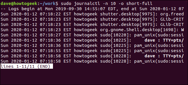 sudo journalctl -n 10 -o short-full in a terminal window