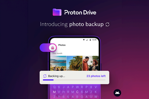 An illustration of Proton Drive's new photo backup feature on a smartphone.