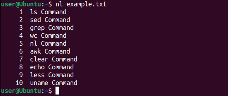 Linux terminal displaying nl command output.