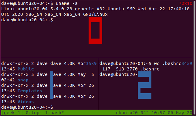 Numbered panes on tmux. 