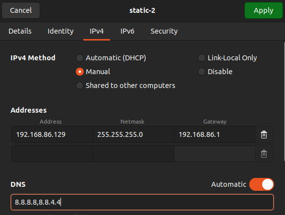 Supplying the IPv4 connection details to a new connection profile in the 