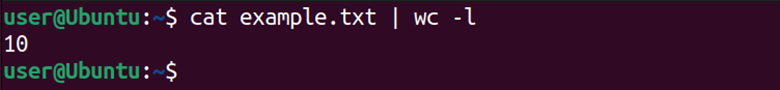 Linux terminal displaying the cat command piped with wc command and output that displays ten lines count.