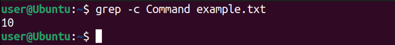 Linux terminal displays the output of the grep command when it searches for line counts that do not contain a defined pattern.