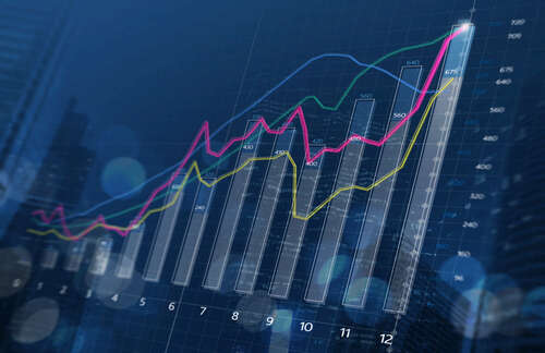 Image of a bar chart and rising lines on a blue background to represent sales growth to developers via a coherent data strategy.