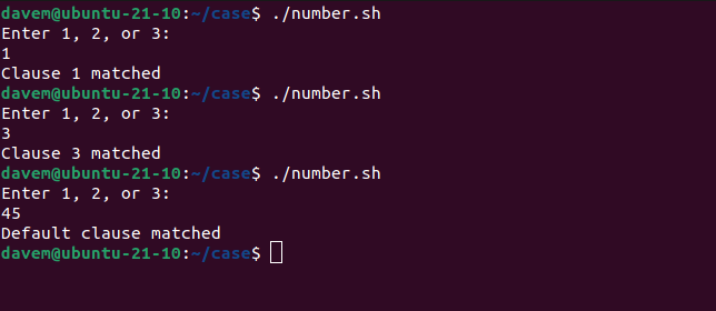 Running the number.sh script and testing different user inputs