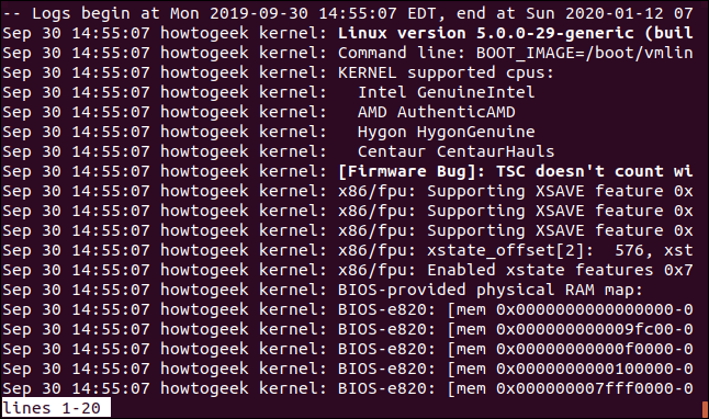 Output from journalctl in a terminal window