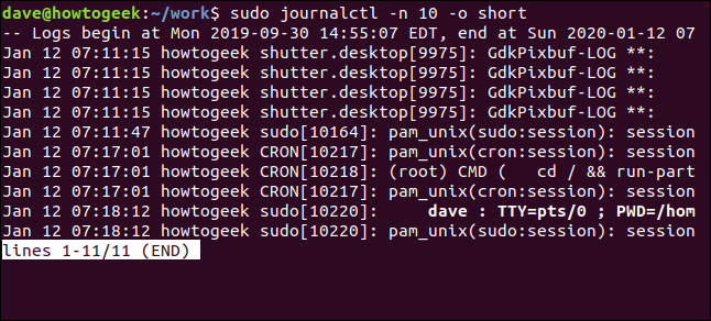 sudo journalctl -n 10 -o short in a terminal window