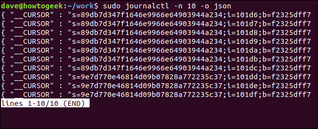 sudo journalctl -n 10 -o json in a terminal window