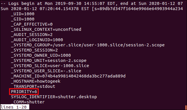 Output from sudo journalctl -n 10 -o verbose in a terminal window