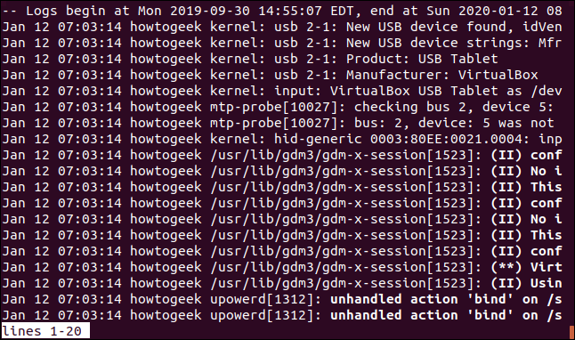 Output from sudo journalctl -S -1h in a terminal window