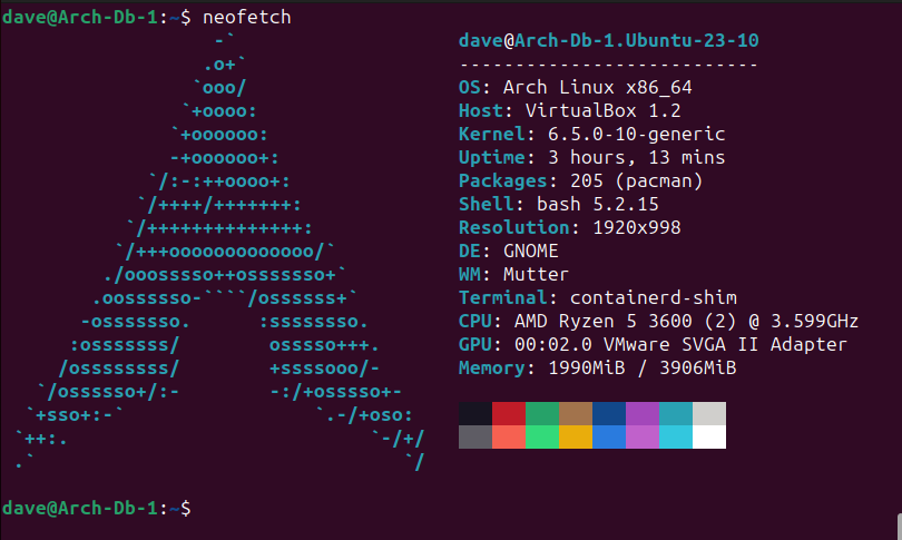 The output of neofetch on an Arch Linux container