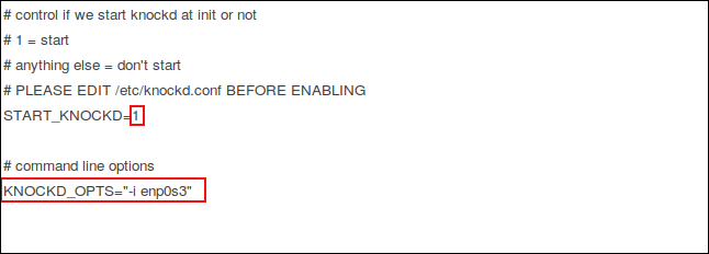 the knockd control file in gedit with the edits highlighted