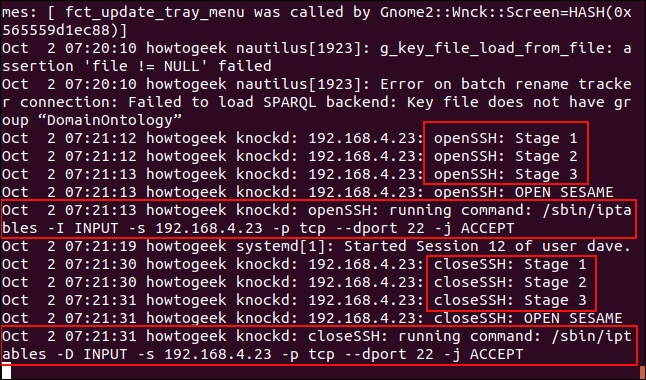 syslog showing the port knocking events in a terminal window