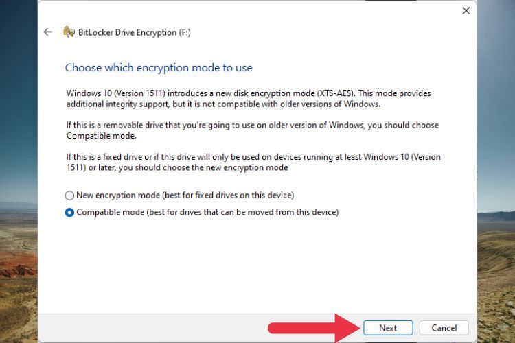 Bitlocker offering either the new encryption mode or the older compatible mode