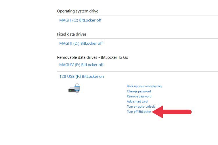 A window showing the option to turn off Bitlocker