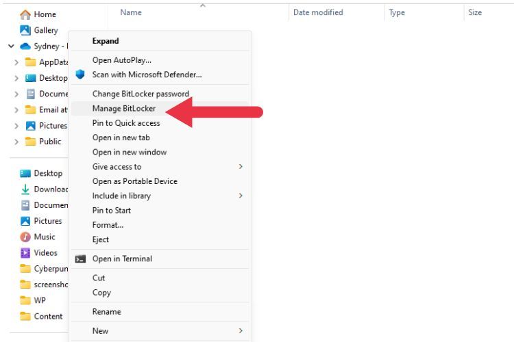 A right-click context menu showing the option to manage BitLocker