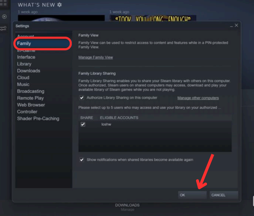 steam settings family ok button