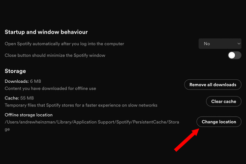 Changing Spotify's offline storage location in the desktop app.