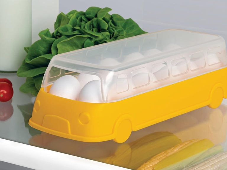 school bus egg holder in fridge