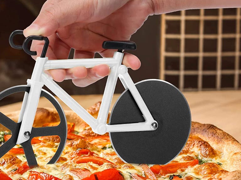 bike pizza cutter slicing pizza