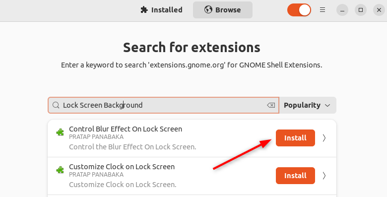 Searching for the Lock Screen blur effect extension on the GNOME extension manager