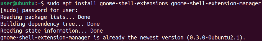 Terminal with installation command of GNOME extension manager